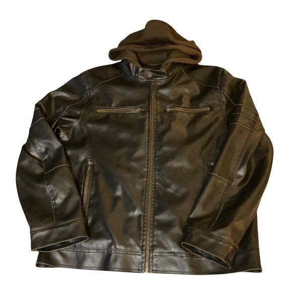 Guess Mens Black faux  Leather Jacket Y2K Brown Hoodie Size L vintage grunge - Picture 6 of 12